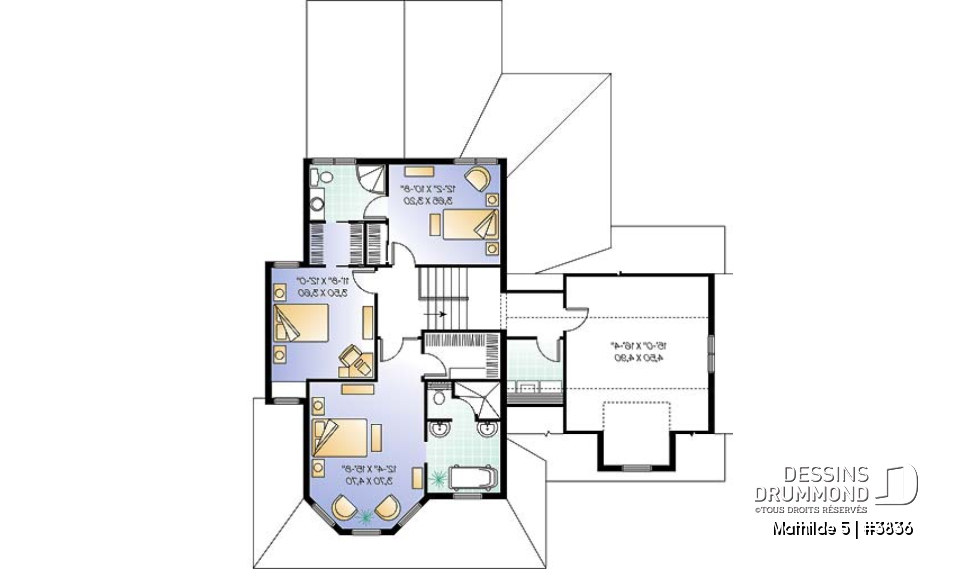 Étage - Plan de maison champêtre victorienne, 3 chambres + pièce boni + bureau avec foyer, garage double, plafond 9' - Mathilde 5