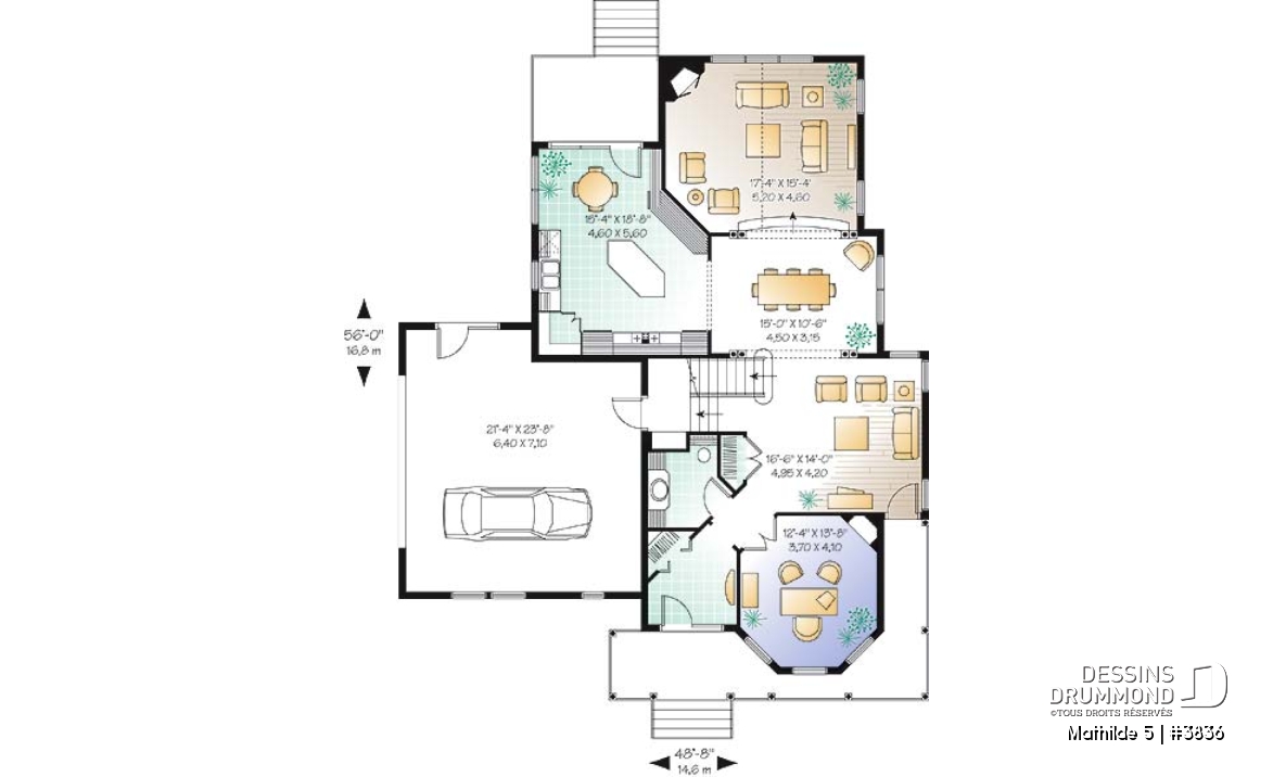 Rez-de-chaussée - Plan de maison champêtre victorienne, 3 chambres + pièce boni + bureau avec foyer, garage double, plafond 9' - Mathilde 5