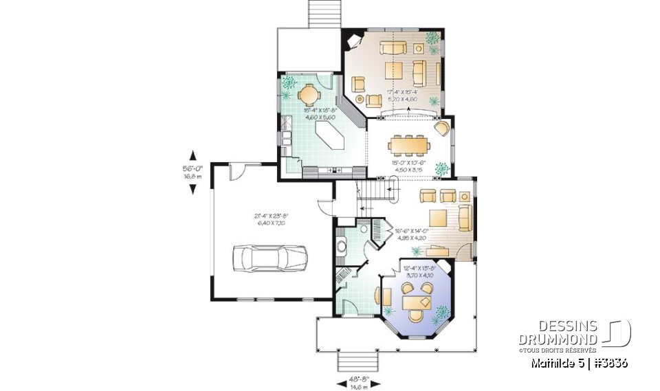 Rez-de-chaussée - Plan de maison champêtre victorienne, 3 chambres + pièce boni + bureau avec foyer, garage double, plafond 9' - Mathilde 5