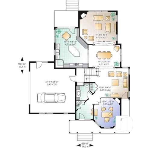 Rez-de-chaussée - Plan de maison champêtre victorienne, 3 chambres + pièce boni + bureau avec foyer, garage double, plafond 9' - Mathilde 5