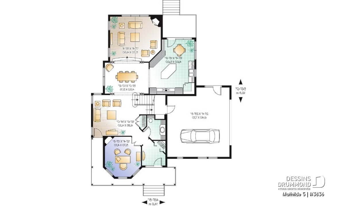 Rez-de-chaussée - Plan de maison champêtre victorienne, 3 chambres + pièce boni + bureau avec foyer, garage double, plafond 9' - Mathilde 5