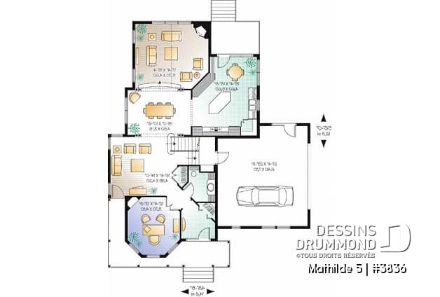 Rez-de-chaussée - Plan de maison champêtre victorienne, 3 chambres + pièce boni + bureau avec foyer, garage double, plafond 9' - Mathilde 5