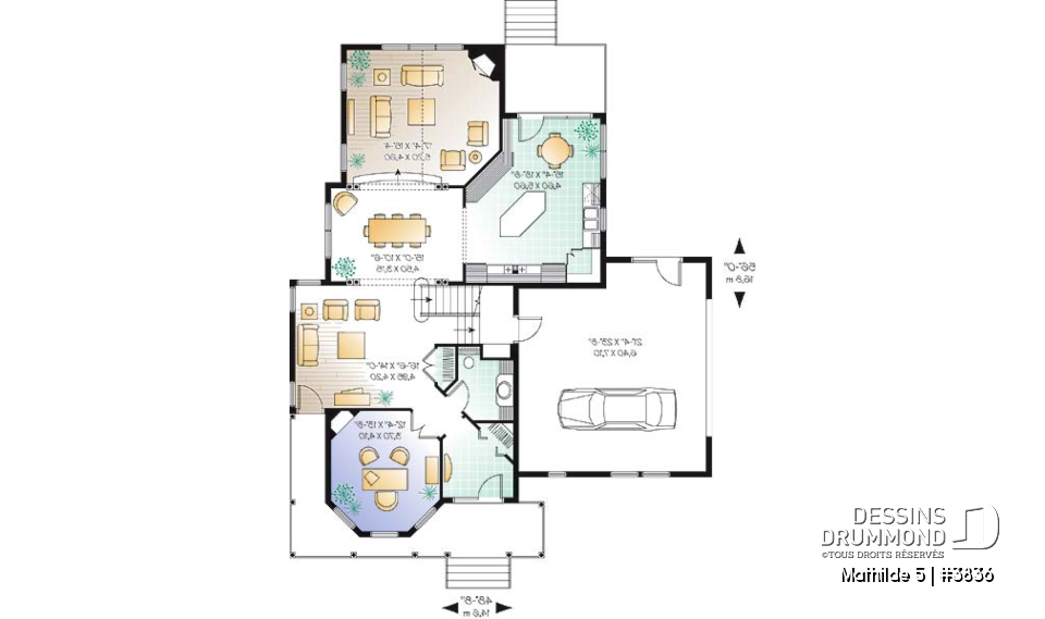 Rez-de-chaussée - Plan de maison champêtre victorienne, 3 chambres + pièce boni + bureau avec foyer, garage double, plafond 9' - Mathilde 5