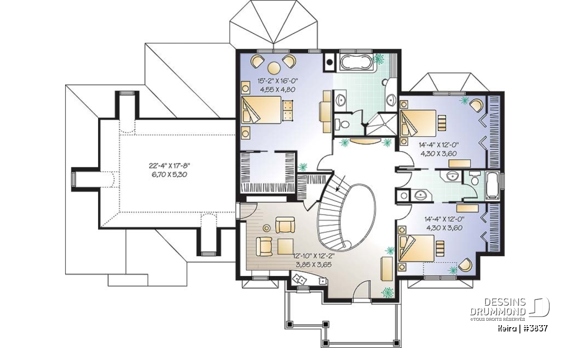 Étage - Plan de maison luxueuse, garage double, bureau, 2 salons, foyer sur 4 faces, dînette en solarium - Keira