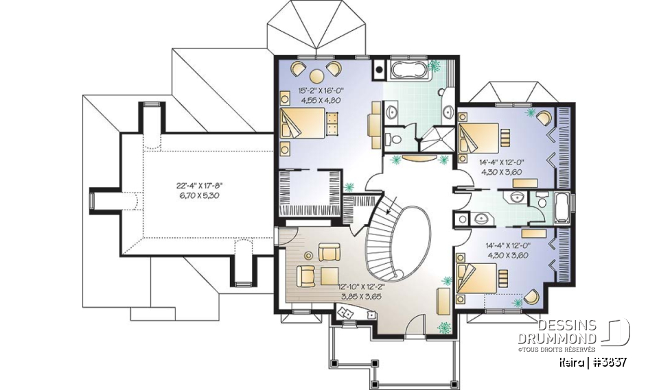 Étage - Plan de maison luxueuse, garage double, bureau, 2 salons, foyer sur 4 faces, dînette en solarium - Keira