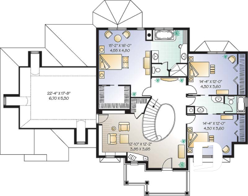 Étage - Plan de maison luxueuse, garage double, bureau, 2 salons, foyer sur 4 faces, dînette en solarium - Keira