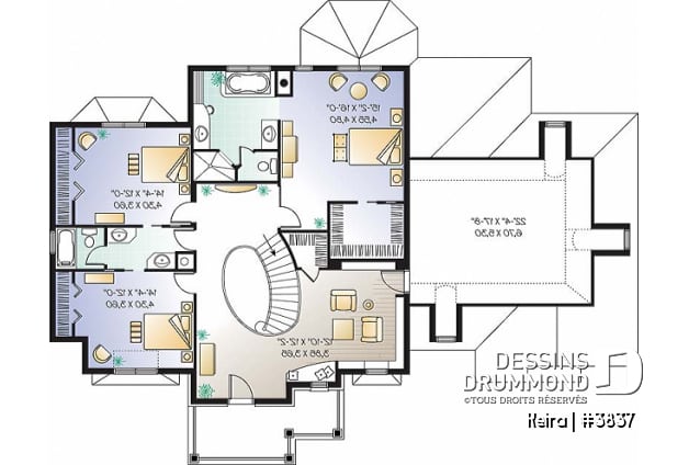 Étage - Plan de maison luxueuse, garage double, bureau, 2 salons, foyer sur 4 faces, dînette en solarium - Keira