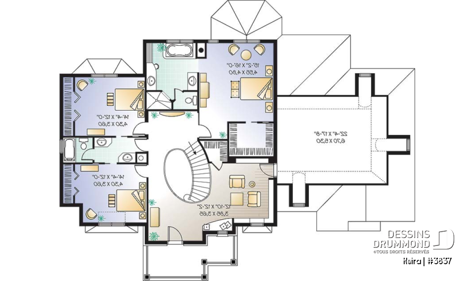 Étage - Plan de maison luxueuse, garage double, bureau, 2 salons, foyer sur 4 faces, dînette en solarium - Keira