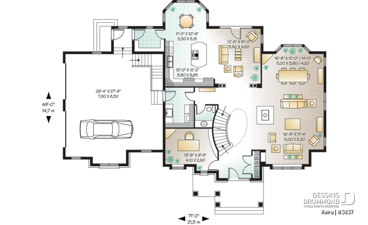 Rez-de-chaussée - Plan de maison luxueuse, garage double, bureau, 2 salons, foyer sur 4 faces, dînette en solarium - Keira