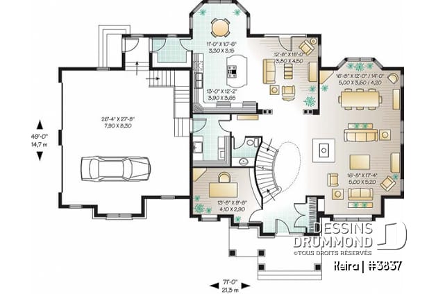 Rez-de-chaussée - Plan de maison luxueuse, garage double, bureau, 2 salons, foyer sur 4 faces, dînette en solarium - Keira