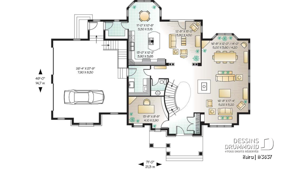 Rez-de-chaussée - Plan de maison luxueuse, garage double, bureau, 2 salons, foyer sur 4 faces, dînette en solarium - Keira