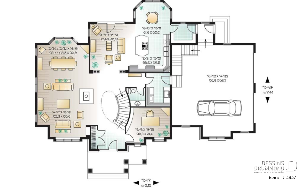 Rez-de-chaussée - Plan de maison luxueuse, garage double, bureau, 2 salons, foyer sur 4 faces, dînette en solarium - Keira
