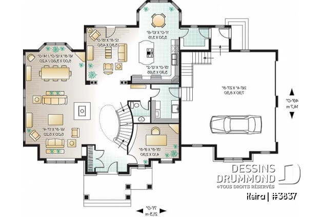 Rez-de-chaussée - Plan de maison luxueuse, garage double, bureau, 2 salons, foyer sur 4 faces, dînette en solarium - Keira