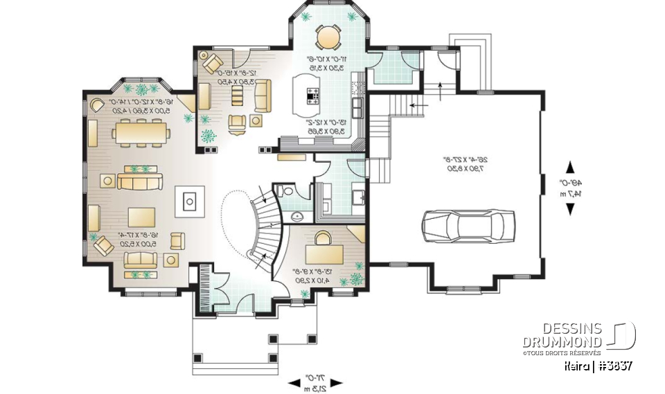 Rez-de-chaussée - Plan de maison luxueuse, garage double, bureau, 2 salons, foyer sur 4 faces, dînette en solarium - Keira