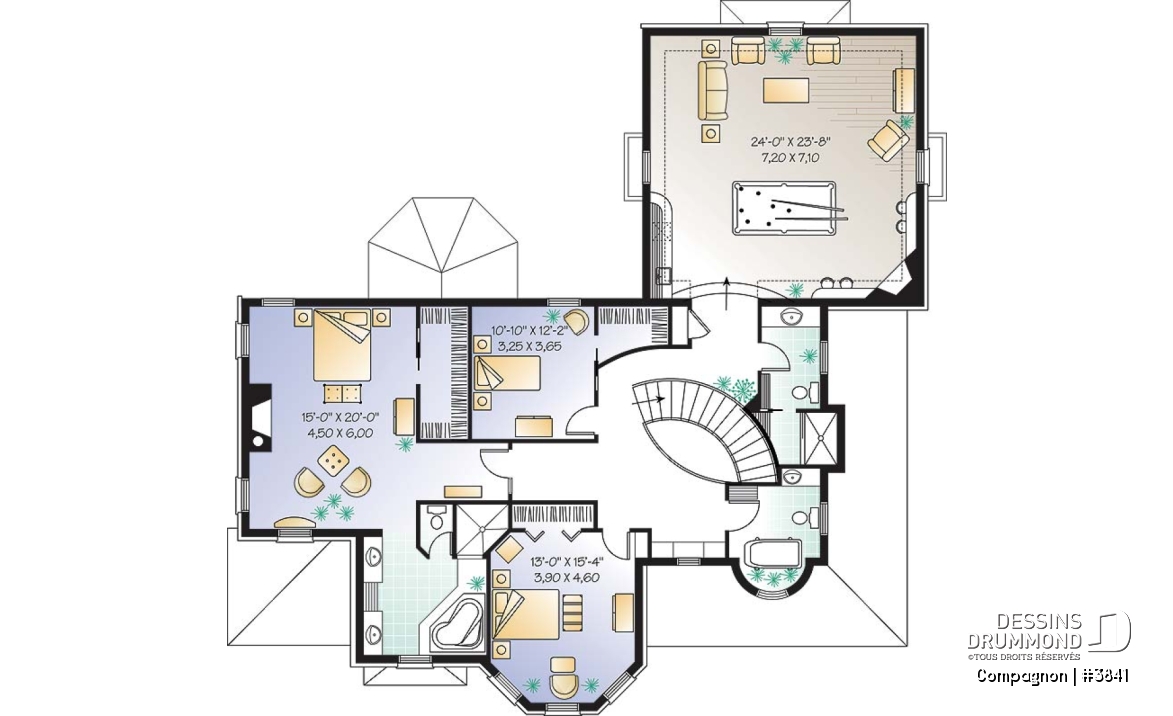 Étage - Plan de maison style château garage double, 3 à 4 chambres, bureau, buanderie, coin déjeuner en solarium - Compagnon