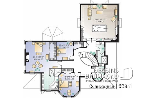 Étage - Plan de maison style château garage double, 3 à 4 chambres, bureau, buanderie, coin déjeuner en solarium - Compagnon