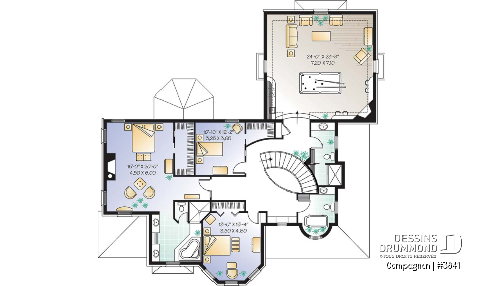Étage - Plan de maison style château garage double, 3 à 4 chambres, bureau, buanderie, coin déjeuner en solarium - Compagnon