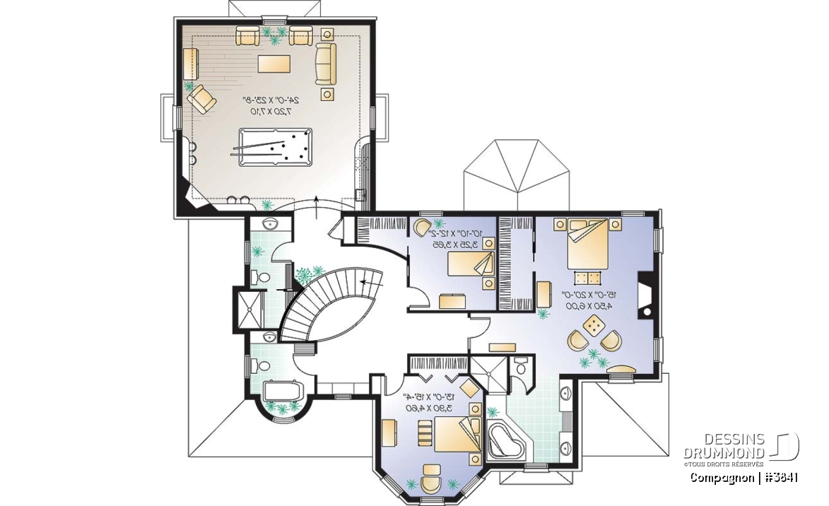 Étage - Plan de maison style château garage double, 3 à 4 chambres, bureau, buanderie, coin déjeuner en solarium - Compagnon