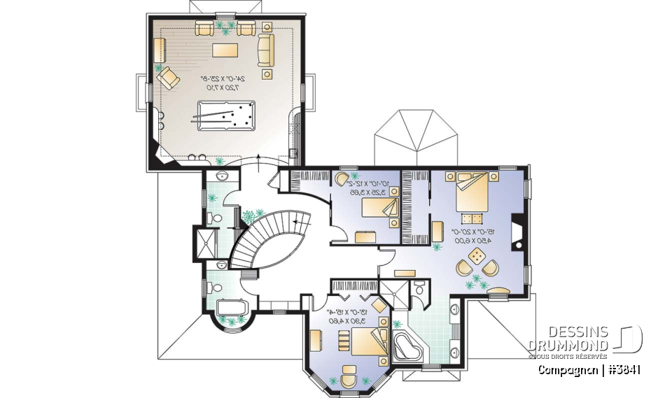 Étage - Plan de maison style château garage double, 3 à 4 chambres, bureau, buanderie, coin déjeuner en solarium - Compagnon