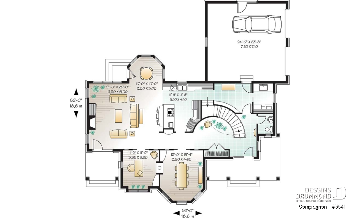 Rez-de-chaussée - Plan de maison style château garage double, 3 à 4 chambres, bureau, buanderie, coin déjeuner en solarium - Compagnon