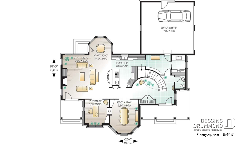 Rez-de-chaussée - Plan de maison style château garage double, 3 à 4 chambres, bureau, buanderie, coin déjeuner en solarium - Compagnon