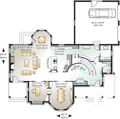 Rez-de-chaussée - Plan de maison style château garage double, 3 à 4 chambres, bureau, buanderie, coin déjeuner en solarium - Compagnon
