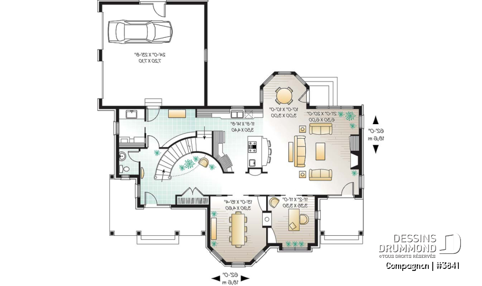 Rez-de-chaussée - Plan de maison style château garage double, 3 à 4 chambres, bureau, buanderie, coin déjeuner en solarium - Compagnon