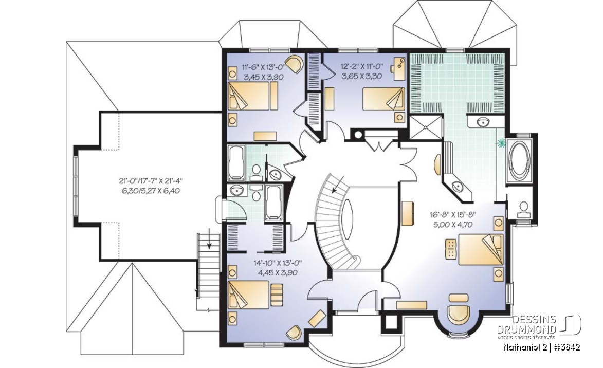 Étage - Plan de maison luxueuse, garage triple, 2 suites des maîtres, grand espace boni, bureau, salle télé, foyer - Nathaniel 2