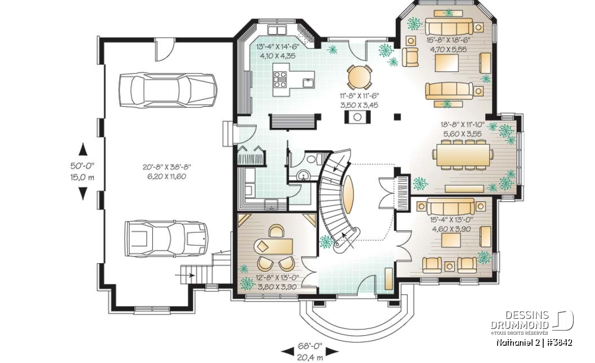 Rez-de-chaussée - Plan de maison luxueuse, garage triple, 2 suites des maîtres, grand espace boni, bureau, salle télé, foyer - Nathaniel 2