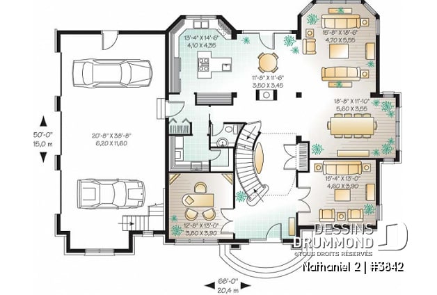 Rez-de-chaussée - Plan de maison luxueuse, garage triple, 2 suites des maîtres, grand espace boni, bureau, salle télé, foyer - Nathaniel 2