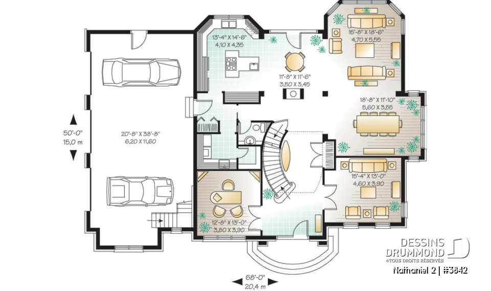 Rez-de-chaussée - Plan de maison luxueuse, garage triple, 2 suites des maîtres, grand espace boni, bureau, salle télé, foyer - Nathaniel 2
