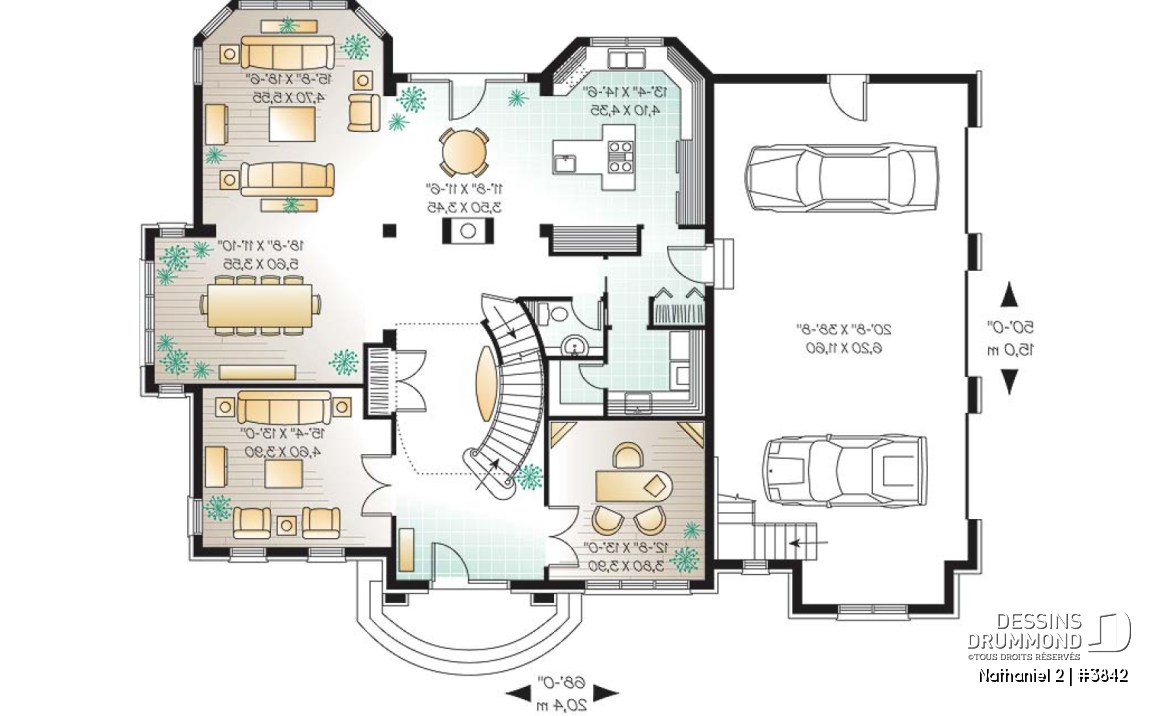 Rez-de-chaussée - Plan de maison luxueuse, garage triple, 2 suites des maîtres, grand espace boni, bureau, salle télé, foyer - Nathaniel 2
