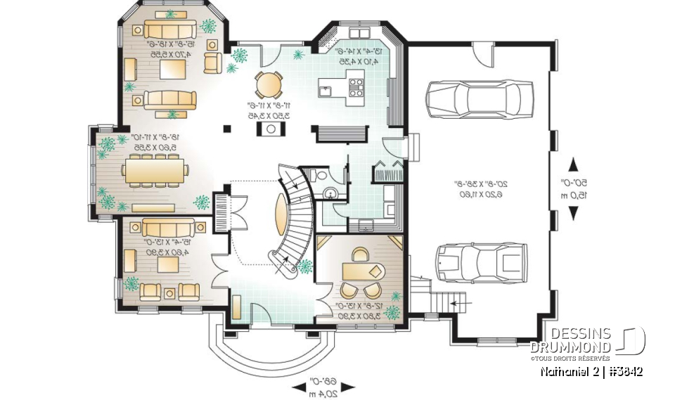 Rez-de-chaussée - Plan de maison luxueuse, garage triple, 2 suites des maîtres, grand espace boni, bureau, salle télé, foyer - Nathaniel 2