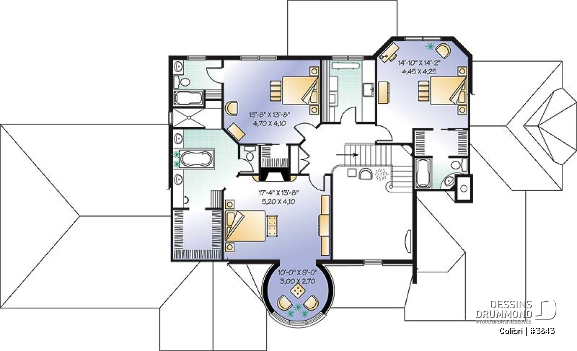Étage - Plan de maison avec 3 suites des maîtres, garage triple, 2 salons, grande salle à manger, 3 foyers - Colibri