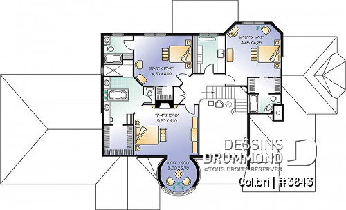 Étage - Plan de maison avec 3 suites des maîtres, garage triple, 2 salons, grande salle à manger, 3 foyers - Colibri