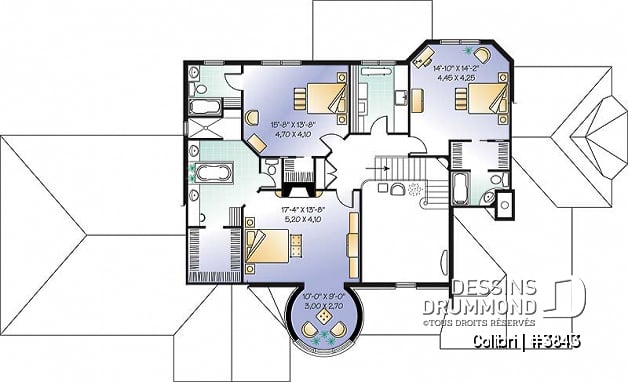 Étage - Plan de maison avec 3 suites des maîtres, garage triple, 2 salons, grande salle à manger, 3 foyers - Colibri