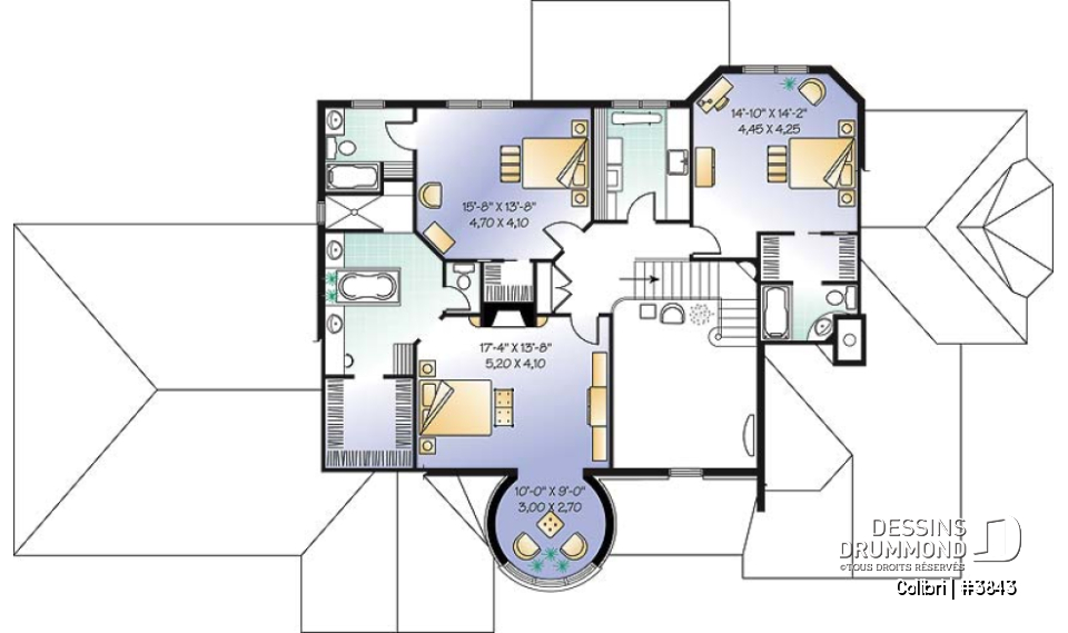 Étage - Plan de maison avec 3 suites des maîtres, garage triple, 2 salons, grande salle à manger, 3 foyers - Colibri