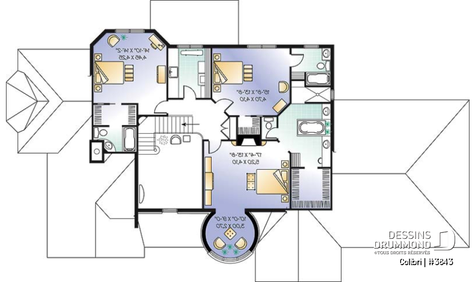 Étage - Plan de maison avec 3 suites des maîtres, garage triple, 2 salons, grande salle à manger, 3 foyers - Colibri