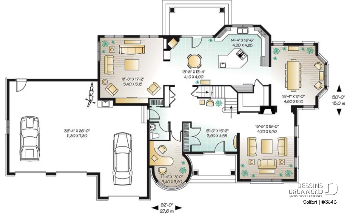 Rez-de-chaussée - Plan de maison avec 3 suites des maîtres, garage triple, 2 salons, grande salle à manger, 3 foyers - Colibri