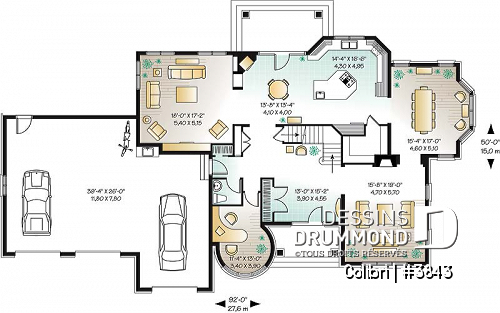Rez-de-chaussée - Plan de maison avec 3 suites des maîtres, garage triple, 2 salons, grande salle à manger, 3 foyers - Colibri