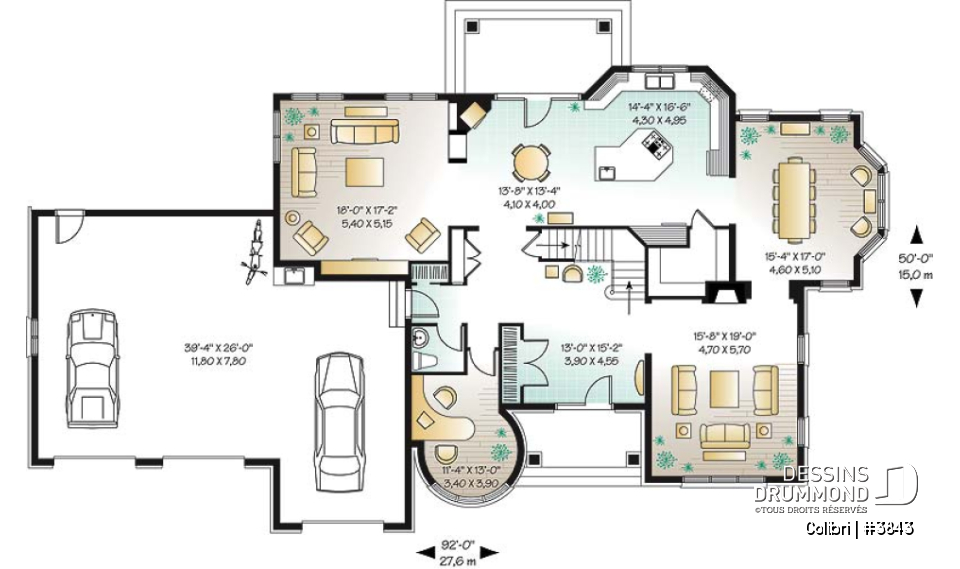 Rez-de-chaussée - Plan de maison avec 3 suites des maîtres, garage triple, 2 salons, grande salle à manger, 3 foyers - Colibri