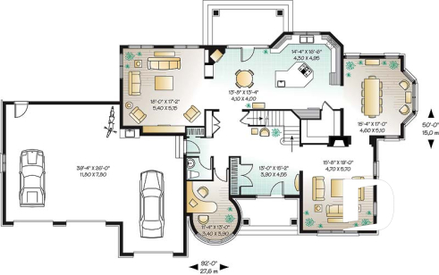 Rez-de-chaussée - Plan de maison avec 3 suites des maîtres, garage triple, 2 salons, grande salle à manger, 3 foyers - Colibri