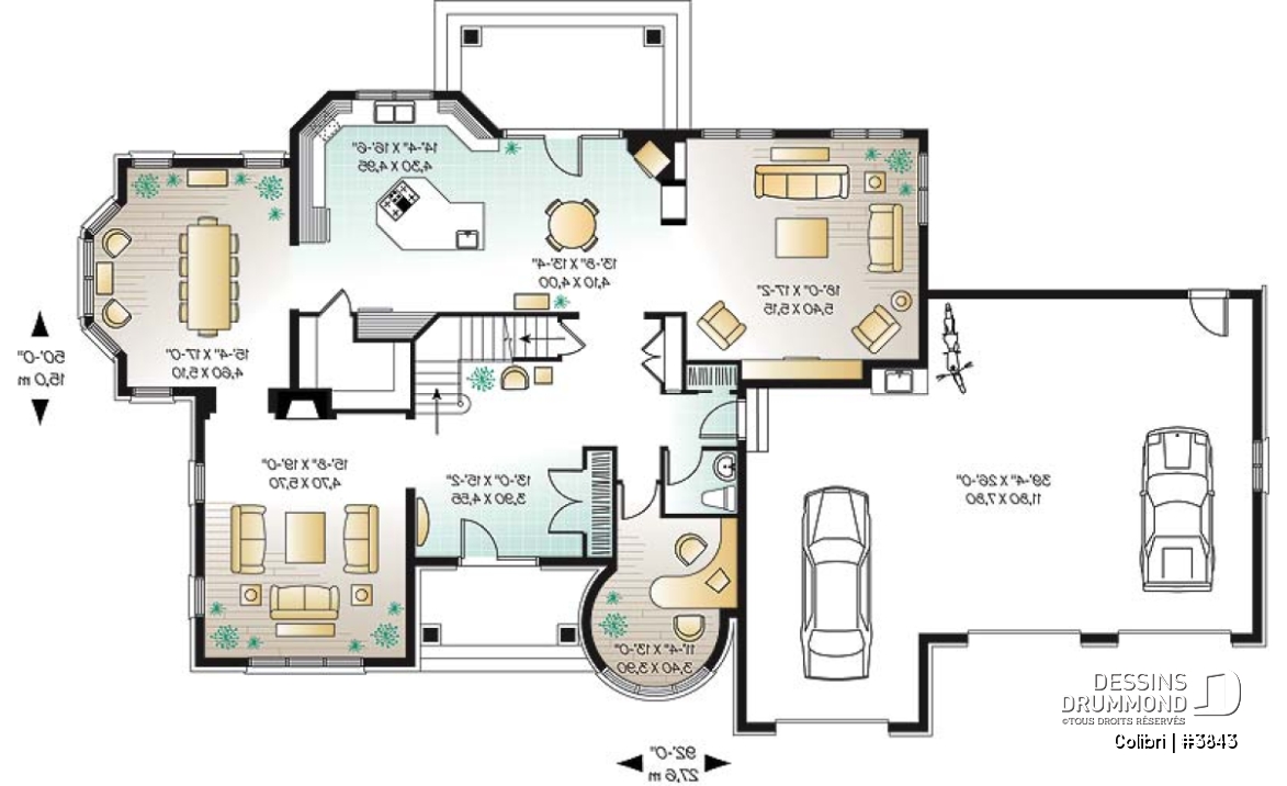 Rez-de-chaussée - Plan de maison avec 3 suites des maîtres, garage triple, 2 salons, grande salle à manger, 3 foyers - Colibri