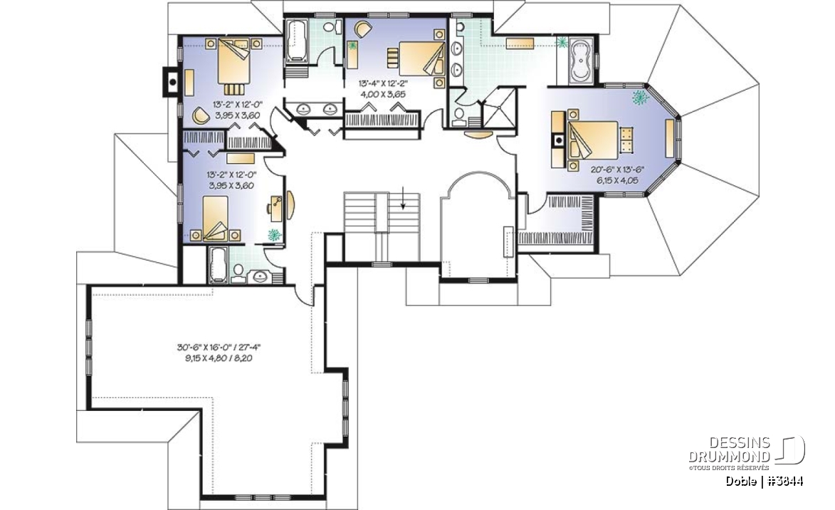 Étage - Plan de maison 4 à 5 chambres, 3.5 salles de bain, garage triple, grand espace boni, bureau, foyer - Doble