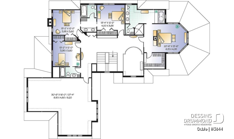 Étage - Plan de maison 4 à 5 chambres, 3.5 salles de bain, garage triple, grand espace boni, bureau, foyer - Doble