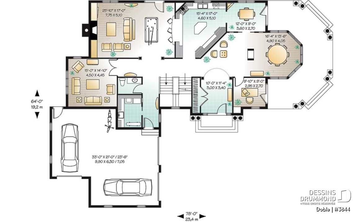 Rez-de-chaussée - Plan de maison 4 à 5 chambres, 3.5 salles de bain, garage triple, grand espace boni, bureau, foyer - Doble
