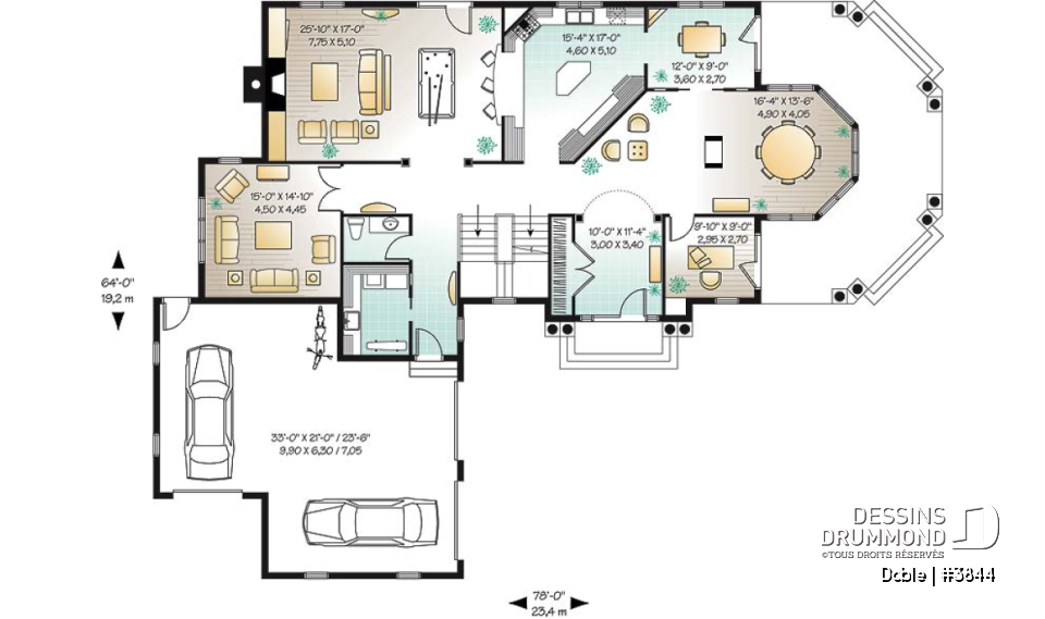 Rez-de-chaussée - Plan de maison 4 à 5 chambres, 3.5 salles de bain, garage triple, grand espace boni, bureau, foyer - Doble