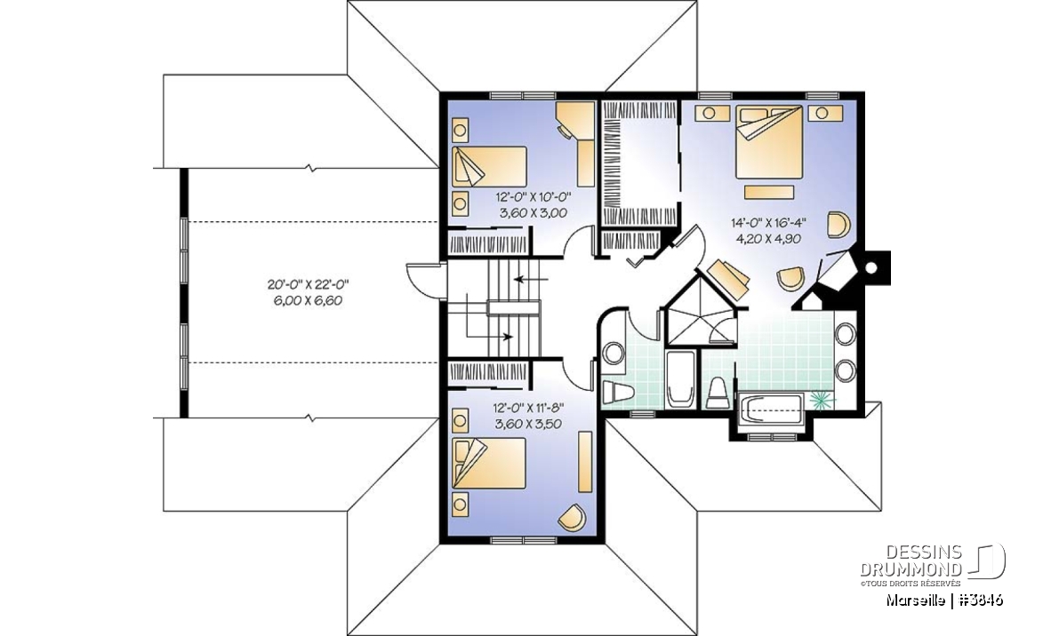 Étage - Plan de maison champêtre américaine, 3 à 4 chambres, 2 grands bureaux à domicile. espace boni - Marseille
