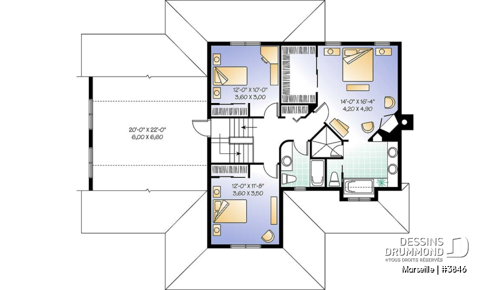 Étage - Plan de maison champêtre américaine, 3 à 4 chambres, 2 grands bureaux à domicile. espace boni - Marseille