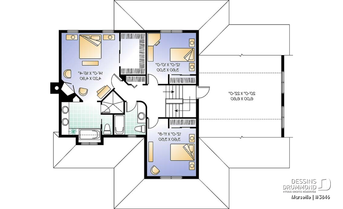 Étage - Plan de maison champêtre américaine, 3 à 4 chambres, 2 grands bureaux à domicile. espace boni - Marseille